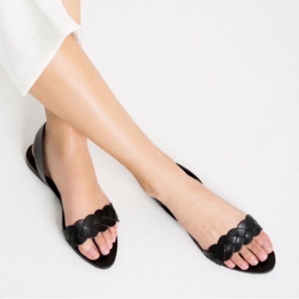 Zara Black Braided Strap Flat Sandals, Size 6, NWOT
